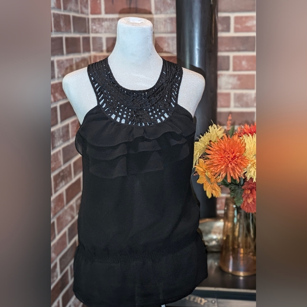 100% Silk Black Sleeveless Peplum Ruffled Blouse-White House Black Market XS